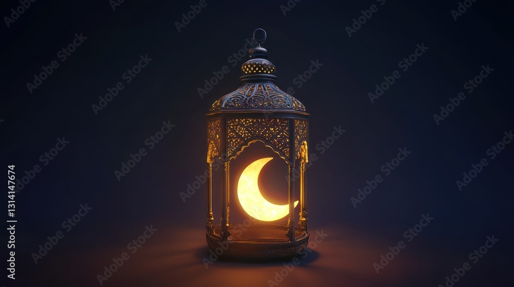 Poster an ornate lantern illuminating with a crescent moon shape inside