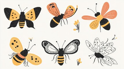 Colorful Illustration of Various Butterflies and Bees on a Light Background