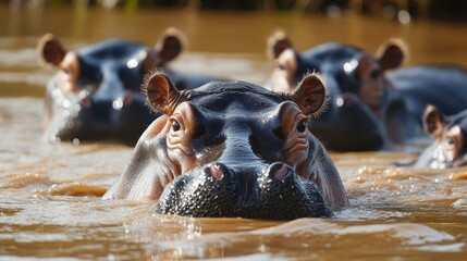 Fototapeta premium Hippos in water. Group of hippopotamus swim. Big animals. Wildlife. African fauna. Mammals in river. Hippo face close up. Nature scene.