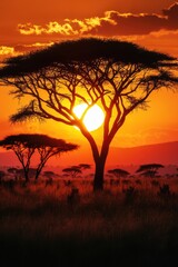 Obraz premium African trees silhouette. Sun shining through branches. Golden warm light over horizon. Grassy field in sunset. Nature background.
