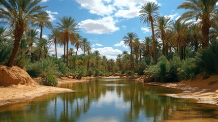 Obraz premium Palm trees and plants surround river in desert landscape. Water reflects the sky. Sand covers the ground. Tropical scene under blue sky.