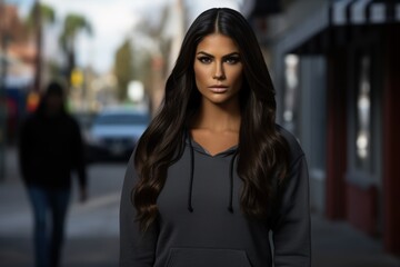 Obraz premium A woman with long hair is standing on a street