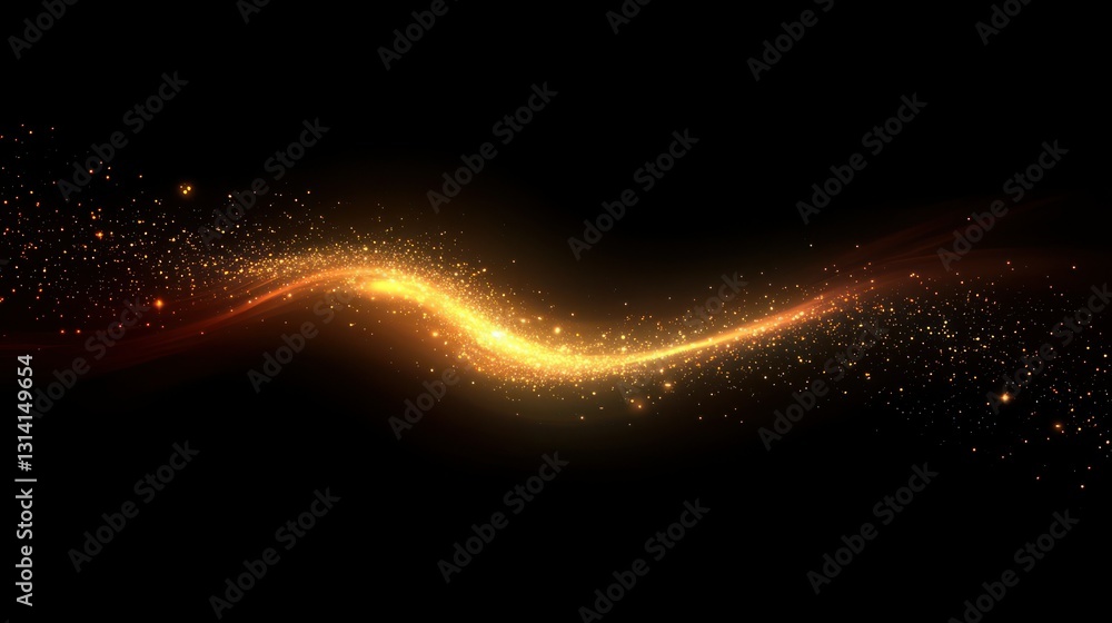 Poster glowing golden wave of light and shimmering particles flowing across space