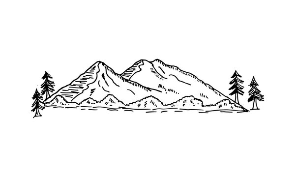 Mountain landscape against a plain white background hand drawn illustration.