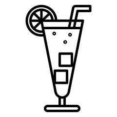 Minimalist outline icon of a cocktail glass with ice cubes, a citrus garnish, and a straw. Ideal for bar menus, diner branding, restaurant designs, drinks, mobile apps, and beverage-related graphics