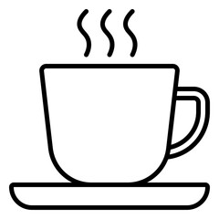 Minimalist outline icon of a steaming cup of coffee on a saucer. Perfect for café menus, diner designs, restaurant branding, mobile apps, and food-related graphics.