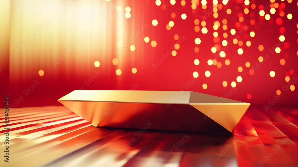 Poster a geometric red and gold podium with sharp angles and modern design, placed in an abstract festive s