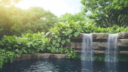 A small waterfall flows into a calm pool surrounded by green plants