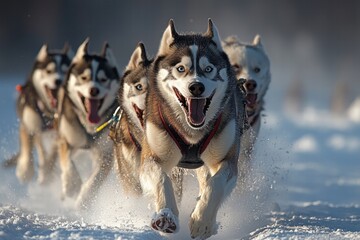 Huskies running energetically through the snow-covered path