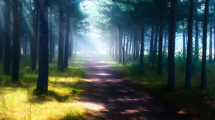 Obraz premium A sunny forest pathway with tall trees and bright light