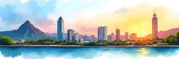 Honolulu city skyline with monument landmarks Travel USA Hawaii Tourism Panaroma Cityscape Urban Architecture watercolor illustration banner