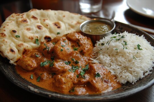 Indian butter chicken with naan bread and rice