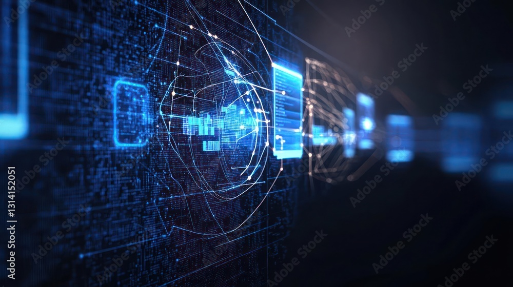 Poster abstract digital data visualization in blue hues with futuristic geometric elements and dark backgro