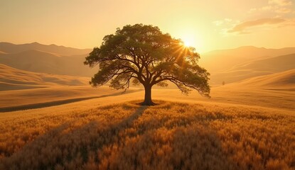 Obraz premium Lone Tree in Golden Fields: A breathtaking aerial view from a drone capturing a single majestic tree standing in the middle of vast golden fields, bathed in warm sunset light.