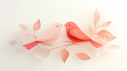 Two paper birds are perched on a branch with leaves