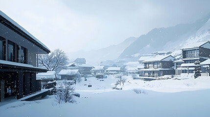 Fototapeta premium Pixel Art Snowy Japanese Village Nestled At Foot Of Mountain With Snow Covered Roofs Trees And Soft Winter Light