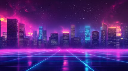 Retro Futuristic Cityscape at Night: Neon Lights and Cyberpunk Aesthetics