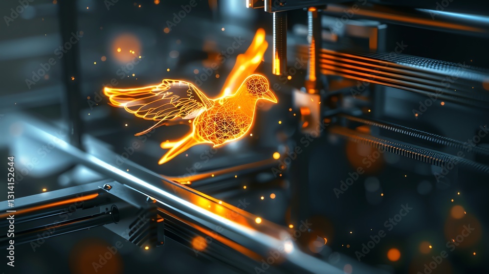 Poster 3d rendering of an orange digital bird flying above a futuristic machine.
