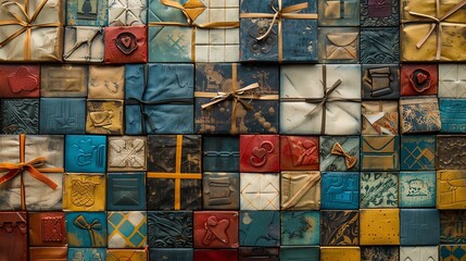 A wall of small ceramic boxes, each individually crafted and decorated with various textures and patterns, creating a mosaic-like artwork.