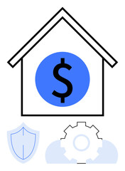 House outline containing dollar sign, shield, gear, and cloud elements visualizing home finance, insurance, services, and planning. Ideal for security, finance savings insurance investment
