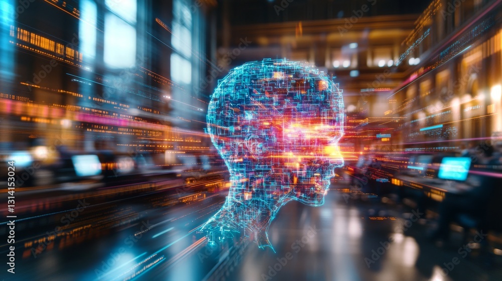 Poster high-tech animation of an artificial intelligence head in a busy futuristic setting