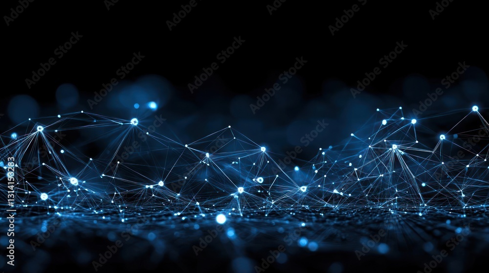 Poster abstract digital network of blue connected lines and glowing nodes against black background
