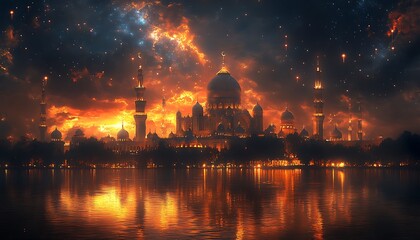Obraz premium Majestic Mosque Silhouette Against a Fiery Sunset Reflecting on Water