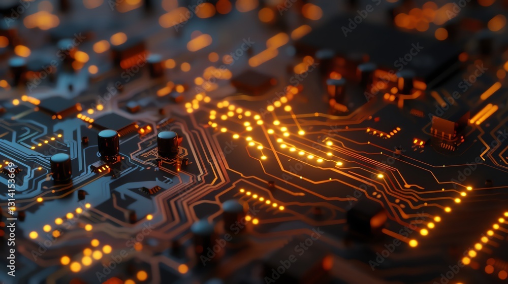 Poster a close-up of a circuit board with glowing lines and nodes, representing technology and connectivity