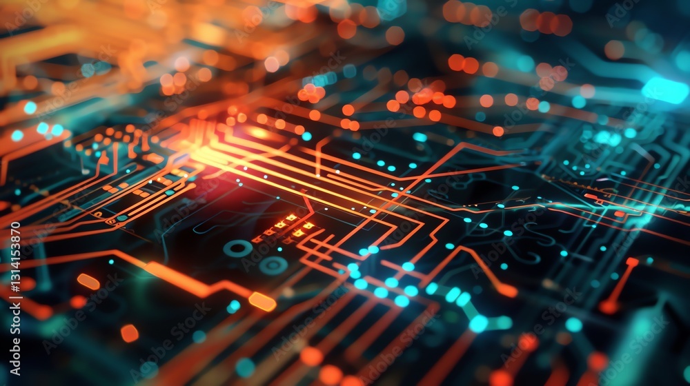 Poster a close-up of a circuit board with glowing lines and nodes, representing technology and connectivity