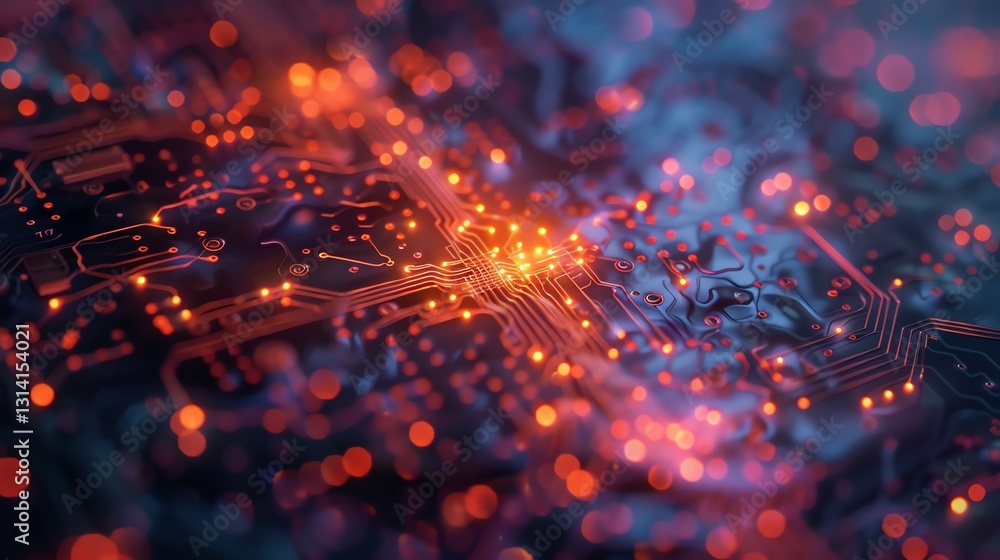 Poster a close-up of a circuit board with glowing lines and nodes, representing technology and connectivity