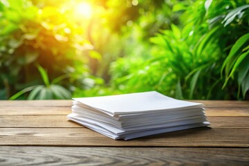 Sunlit white paper on a wooden desk, green greenery nearby; clean, summery aesthetic perfect for desktop.