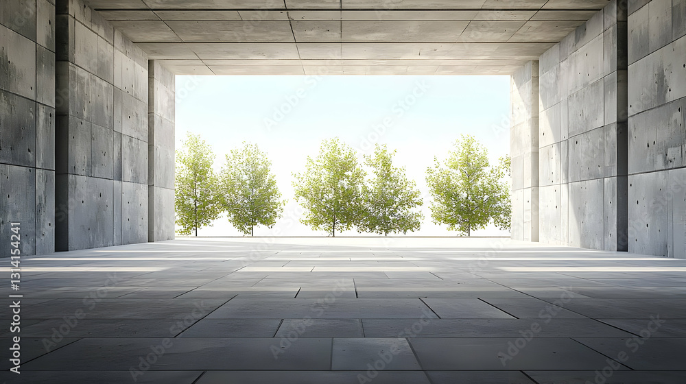 Poster modern minimalist concrete structure with green trees visible through a large opening in bright dayl