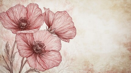 Three beautiful red flowers are artfully drawn on parchment paper