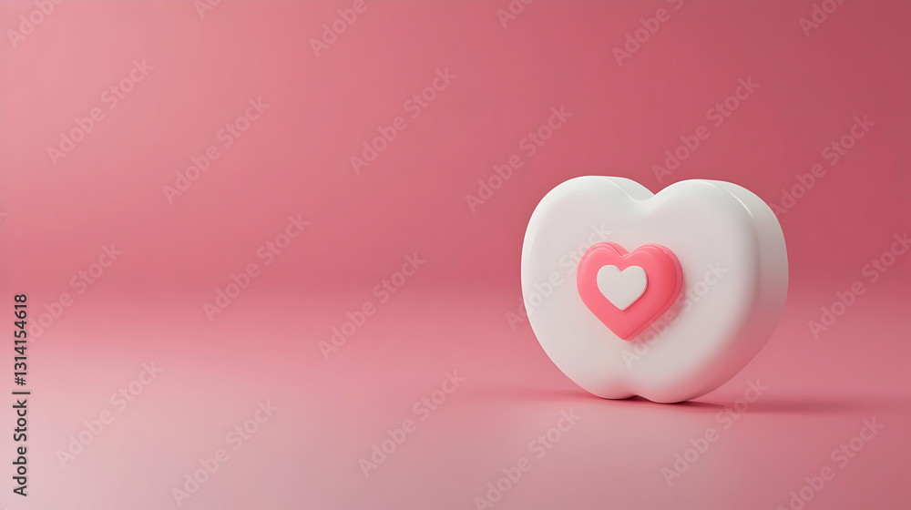 Poster 3d render of a white heart with a smaller pink heart in the center on a pink background with copy sp