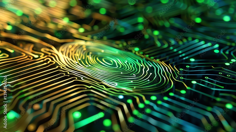 Poster a digital rendering of a fingerprint on a circuit board, symbolizing biometric security and digital 