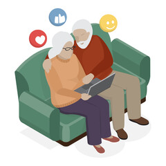 Elderly couple sitting on sofa and holding laptop. Isometric vector illustration isolated on white background