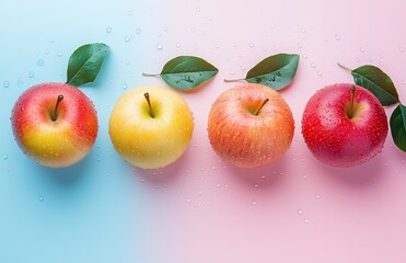 Four Apples of Different Colors with Water Drops on a Pastel Background: Fresh and Vibrant Fruit Display
