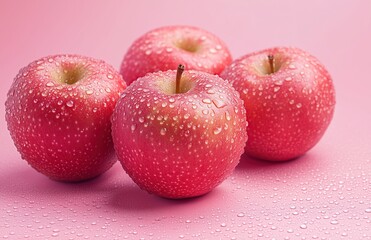 Four Red Apples with Water Droplets on a Pink Background: Elegant Fresh Fruit Display for Advertising