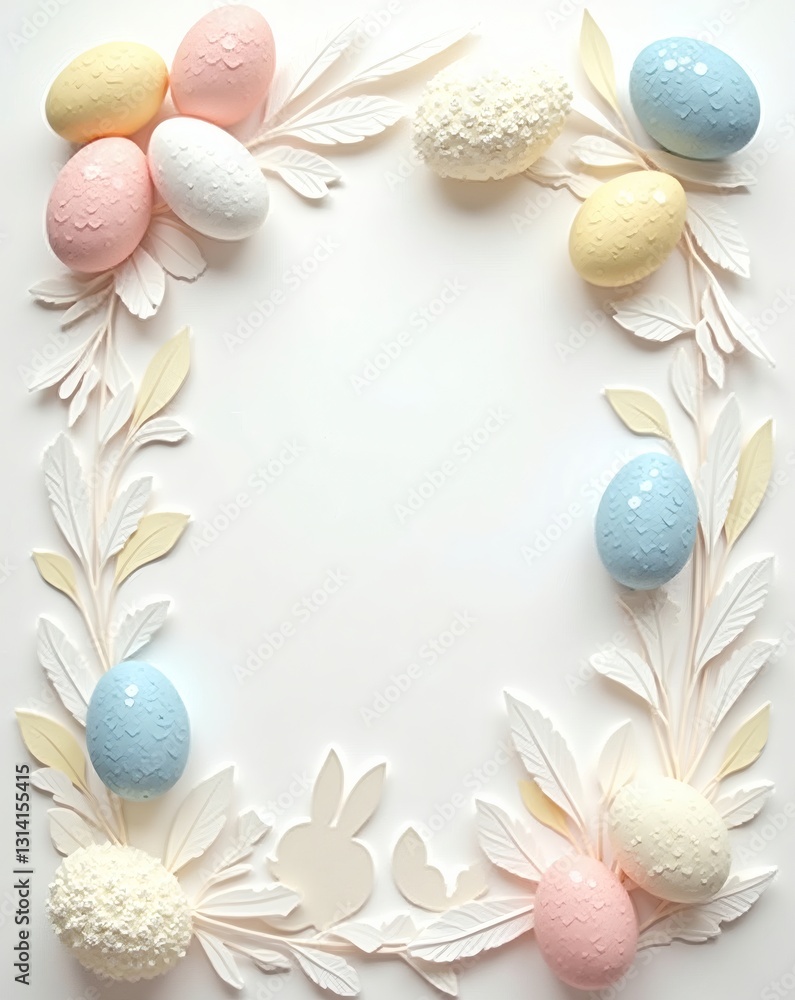 Aufkleber easter eggs decorated and arranged in a frame with leaves and rabbits. the arrangement is colorful a