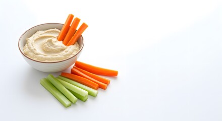 Hummus Dip with Fresh Vegetable Sticks, Plain White Background, HD PNG Style