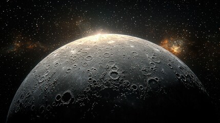 Sun rising over cratered planet surface in space.