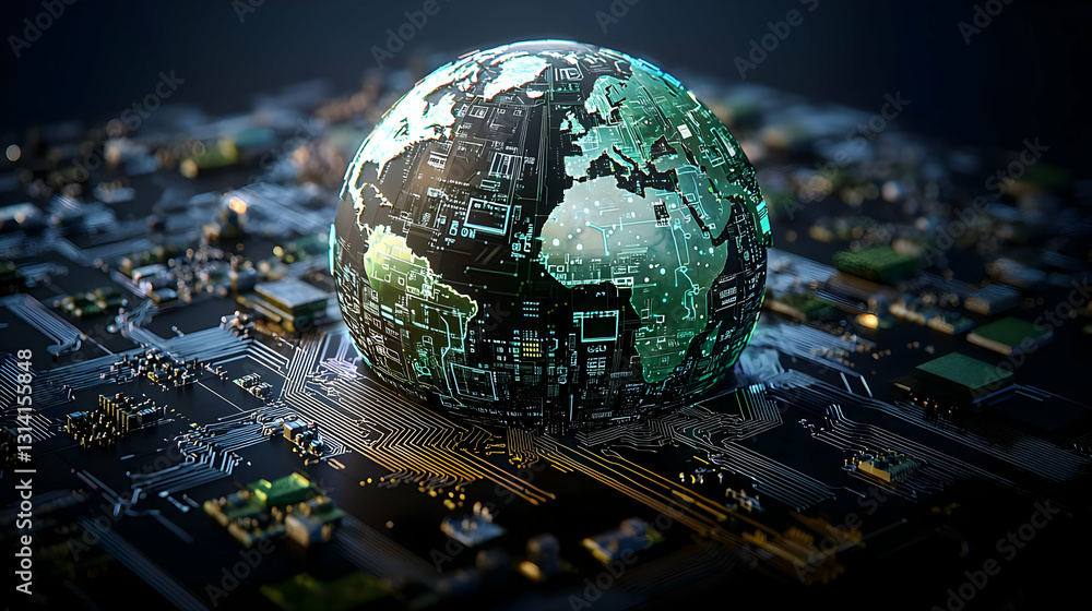 Poster digital earth globe on illuminated circuit board in dark background with futuristic technology
