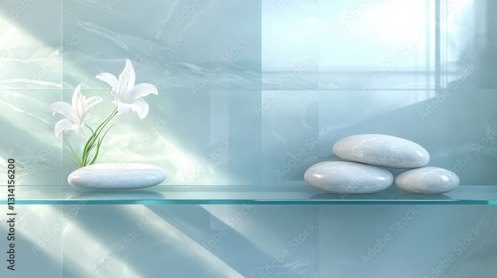 Poster serene display of white lilies and smooth stones on a glass shelf in a tranquil setting