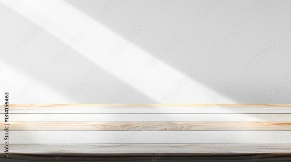 Poster white wall and wooden table illuminated by sunlight creating abstract shadow patterns