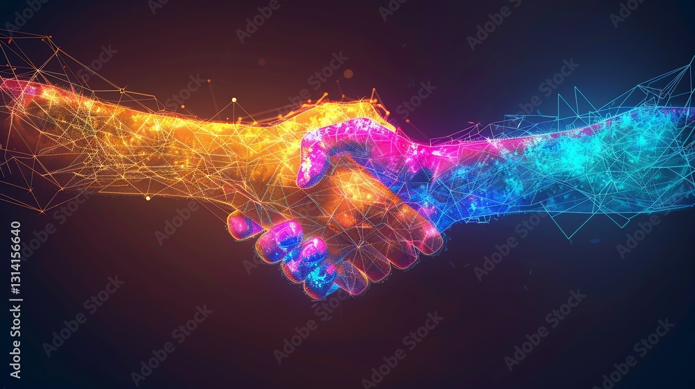 Poster a digitally rendered image of two hands shaking, made up of glowing lines and nodes.