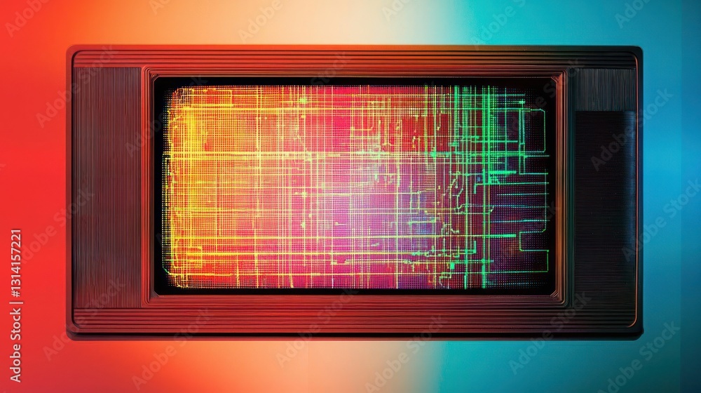 Poster retro television displaying colorful digital grid pattern against red and blue background
