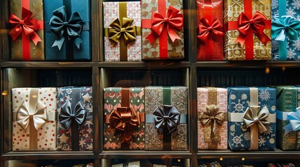 Fototapeta premium A wall covered in wrapped presents with bows in a variety of colors and patterns.