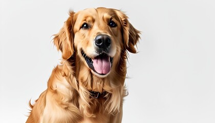 Joyful golden retriever dog portrait studio setting photograph bright background close-up happiness concept