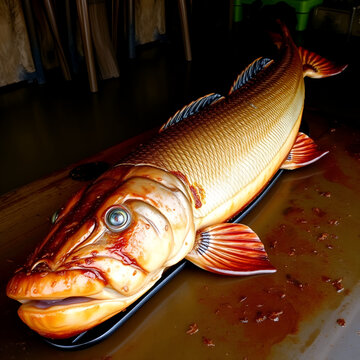 Fried arapaima gigas, also known as pirarucu. Arapaimidae family. Amazon, Brazil
