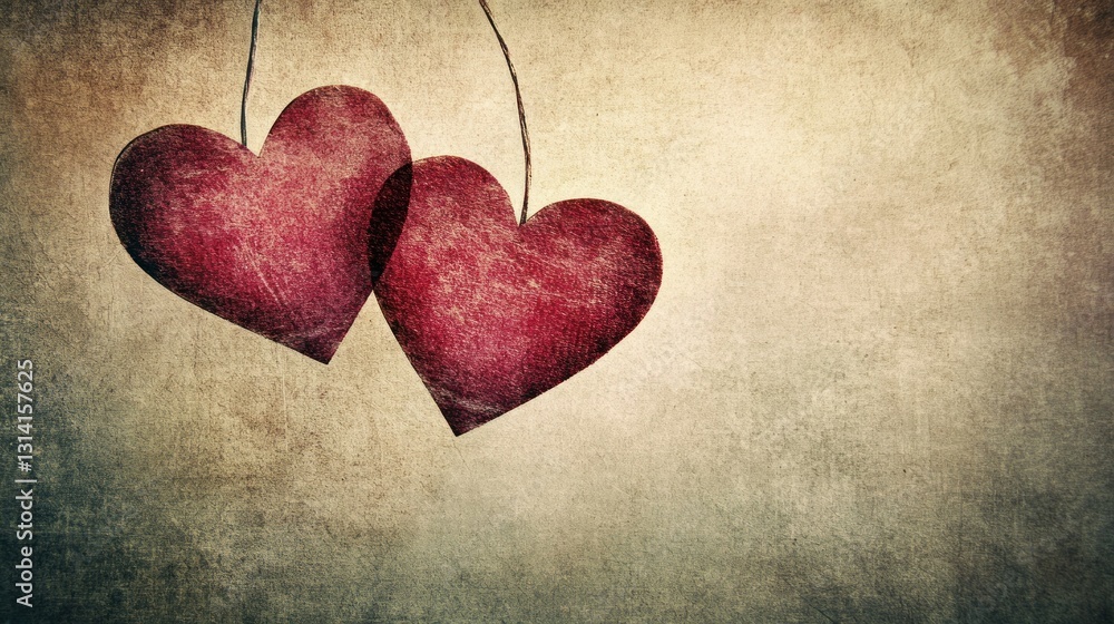 Poster two red heart shapes suspended by thin string on aged background